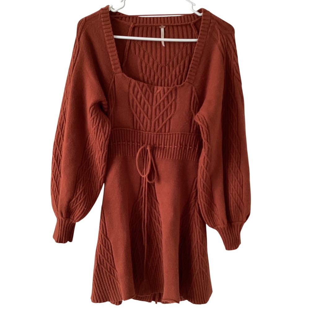 Free People‎ Rust Orange Cable Knit Balloon Sleeve Open Back Mini Dress XS
